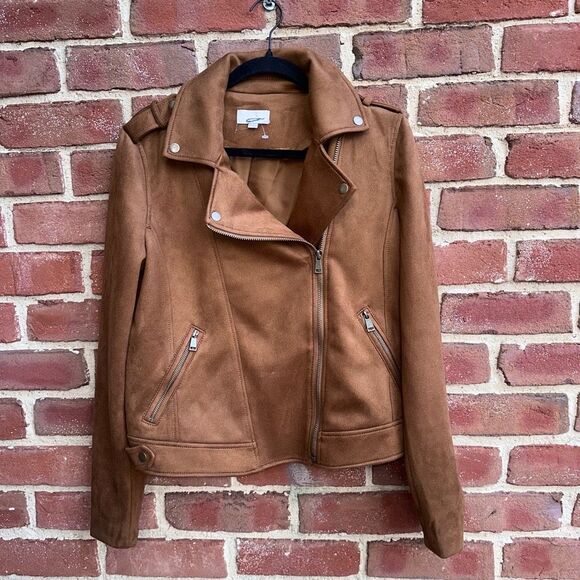 LOFT $160 Faux Suede Moto Jacket Toasted Biscotti Medium Tall NEW - Picture 2 of 8
